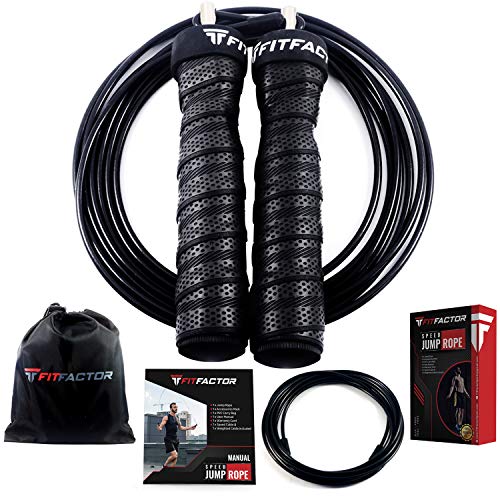 Speed Jump Rope - Adjustable Weighted Jumping Rope with Speed and Heavy Cables and Carry Pouch - Skipping Rope for Boxing Fitness Workout MMA Endurance Training - Men, Women and Children By FitFactor
