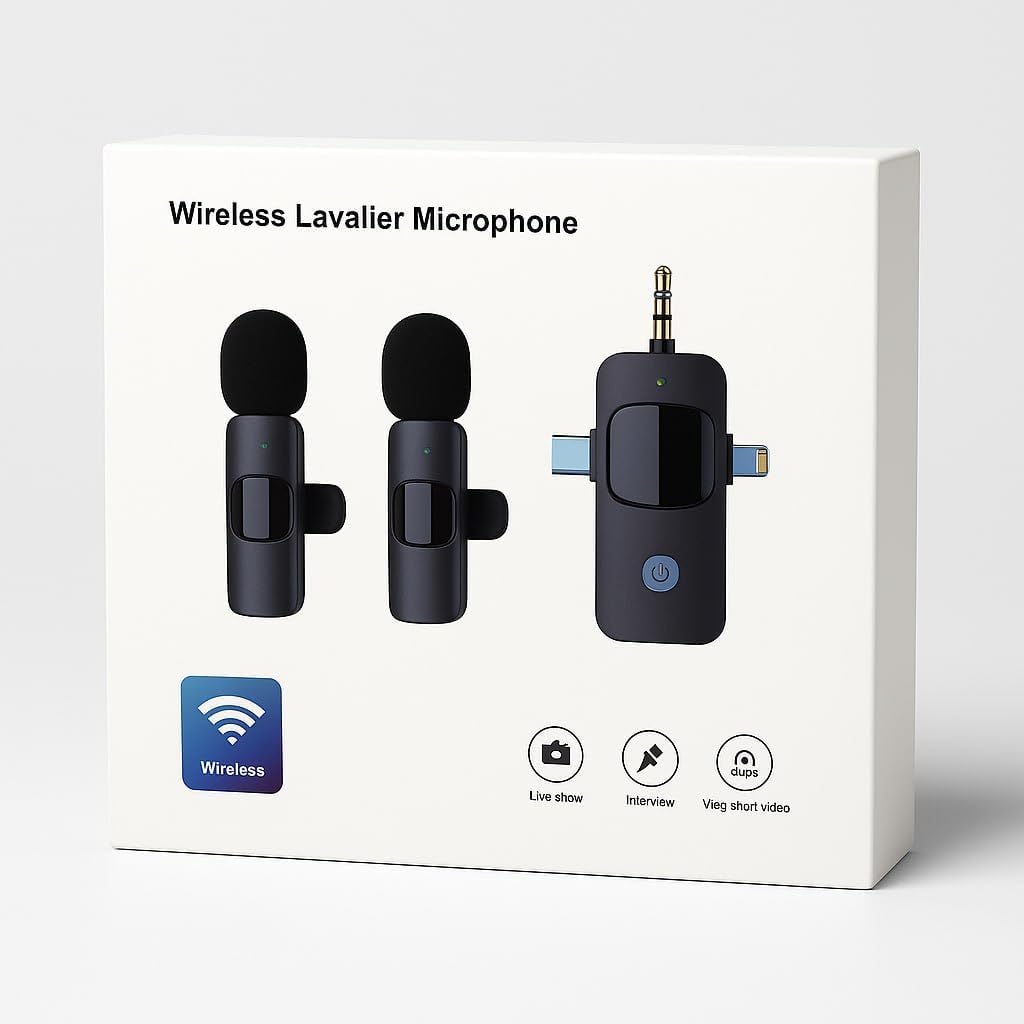 Wireless Lavalier Microphone Dual-Set, 3-in-1 Receiver (Lightning/USB-C/3.5 mm), 2 Clip-On Mics, 20 m Range, Plug-and-Play Audio for iPhone, Android, DSLR, YouTube & Zoom