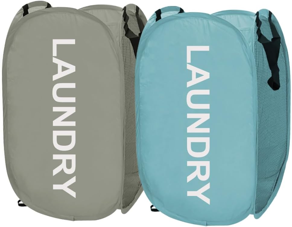 Larpur Pop Up Laundry Baskets, 2 Pack Mesh Laundry Hampers Collapsible Clothes Hampers for Home, Dorm, Travel (Gray + Blue)