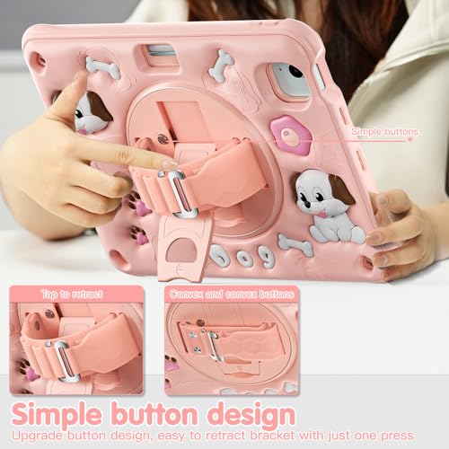 Image of ProElite Cover for iPad Air 11 M4 /M3 /M2 2026 /2025 /2024 / Pro 11 4th /3rd Gen /Air 5 /4 Gen 10.9 inch Case, Tough Bubble Kids Case with Pencil Holder with Rotating Kickstand & Shoulder Strap, Pink