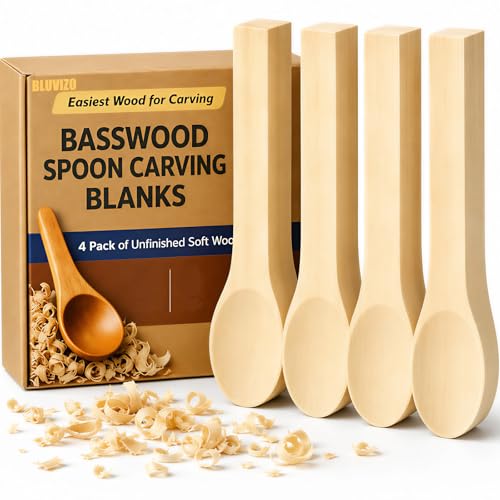 Basswood Spoon Carving Blanks 4-Pack: Unfinished Soft Wood Spoon Kit for Carving Whittling Crafting - Wooden Blocks DIY Craft Projects for Beginners & Professional Carvers