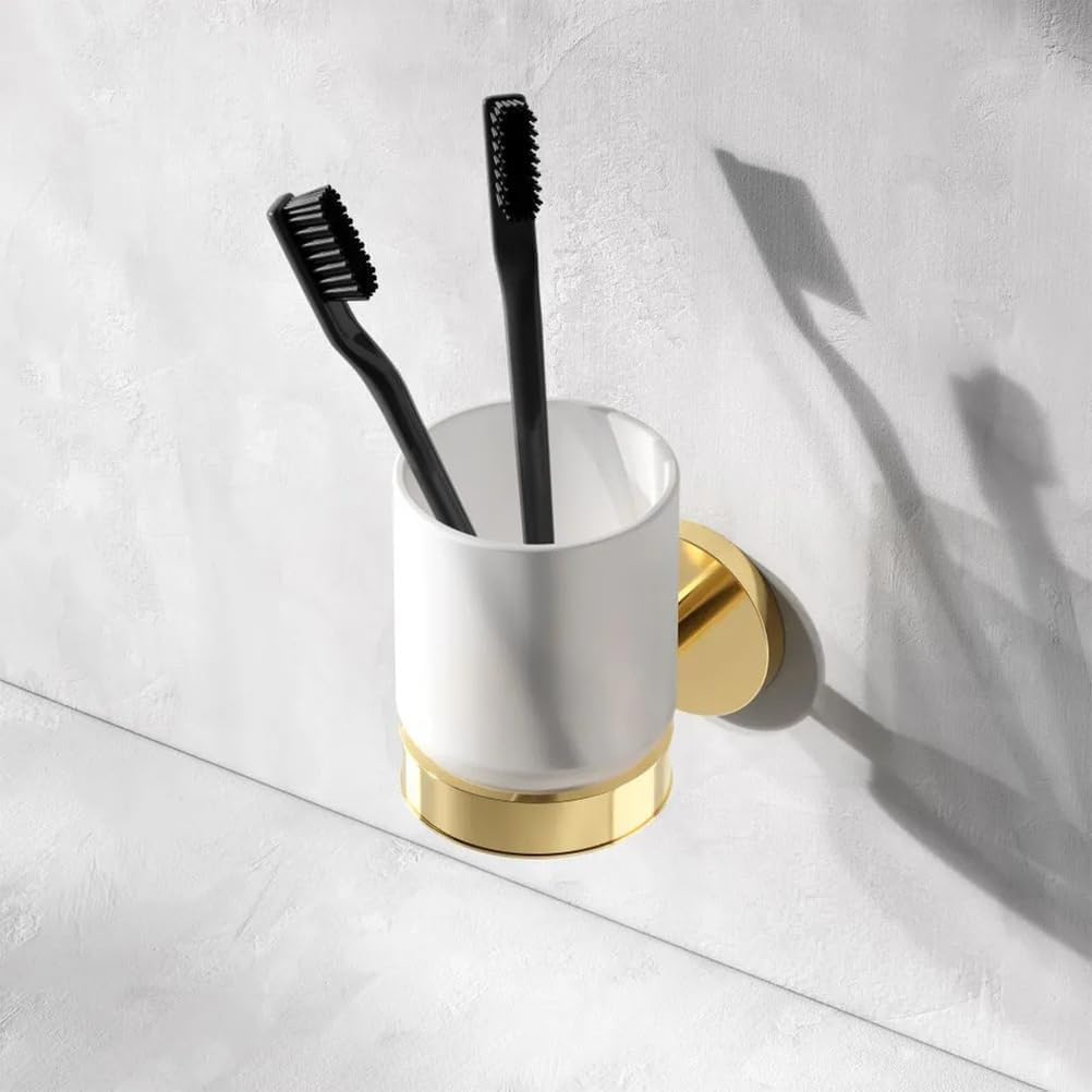 Toothbrush Holder, Wall Mounted Detachable Tumbler Holder, Zinc Alloy Holder+Frosted Glass Cup for Bathroom Multi-Functional Storage,Gold