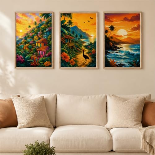 Image of Livin'luxe Set of 3 Tropical Sunset Landscape Wall Paintings for Living Room Dining Bedroom Home Decor with Premium Wooden Color Synthetic Frame (13.5 x 19.5 Inch) NM03-75