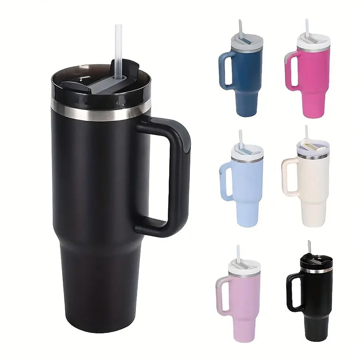 Travel Mug Coffee Cup 40oz Tumbler Straw Lid and Handle, Stainless Steel Insulated Water Bottle - Leakproof, Insulated Water Bottle with Handle and Straw Cup for Home, Office, Car, Travel (Black)