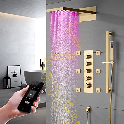 Cascada ducha LED 9"x22" montada en pared con altavoces Bluetooth integrados, 4 funciones (Lluvia, Cascada, jets corporales y ducha manual) (Latón antiguo) miniatura 2