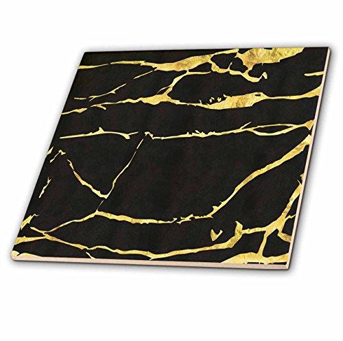 3dRose Contemporary Digital Gold and Black Crackle Pattern Tile, 12 x 12