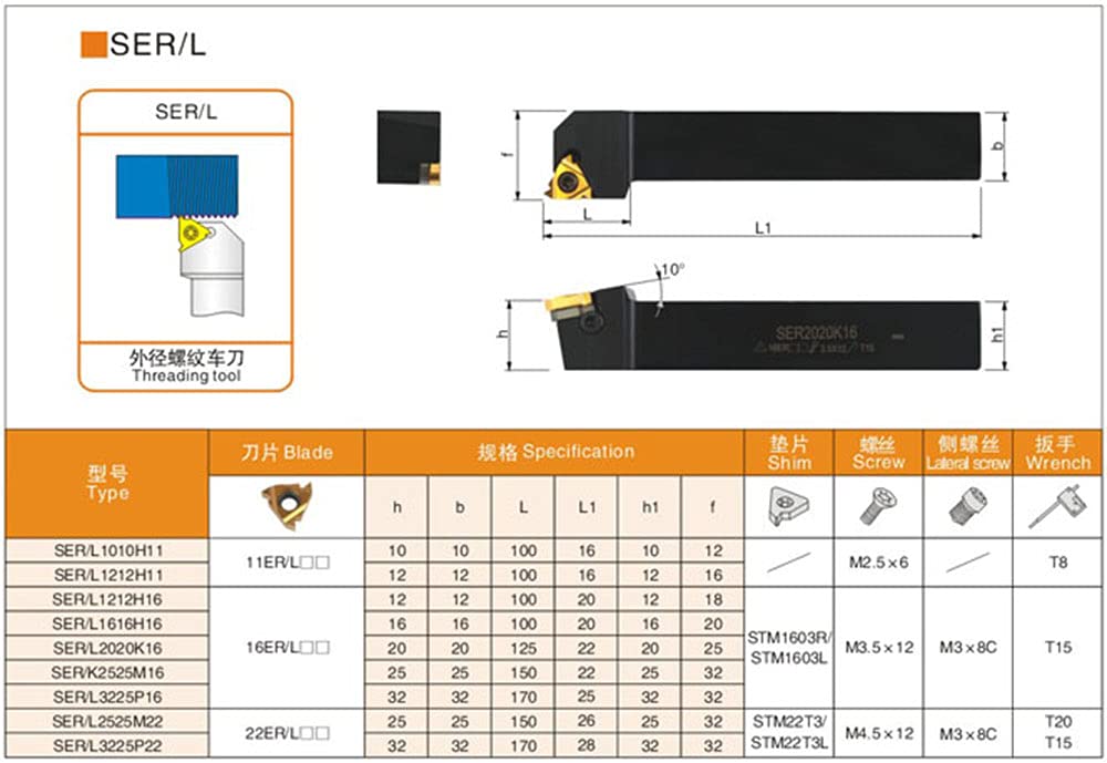 1 pièces SER1212H16 et 10 pièces 16ER AG60 Inserts en carbure Filetage Porte-Outil de Tournage 16mm 12mm CNC Plaque de Filetage Jeu de Tournage(SER1212H16,16ER AG60 BMA)
