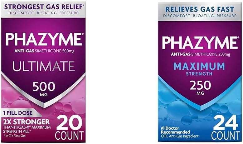 Phazyme Gas Relief Bundle with 500 mg and 250 mg Simethicone Fast Gels, 20 and 24 Count