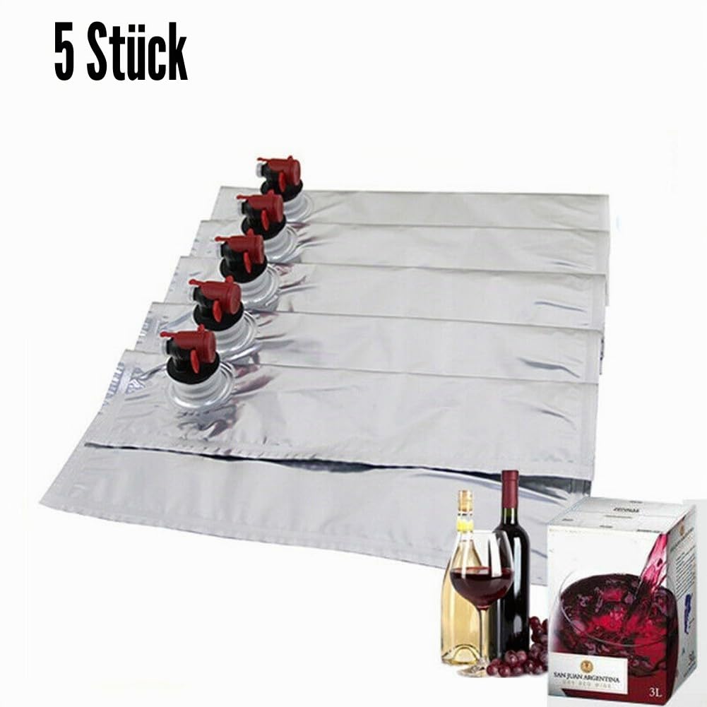 5 x Flüssigkeitsspenderbeutel, Weinbeutel, Ersatzbeutel, tragbare Weinspenderbeutel für Bag in Box, Getränke mit Schmetterlingshahn, 5 l, Weinbehälter Weintragetasche