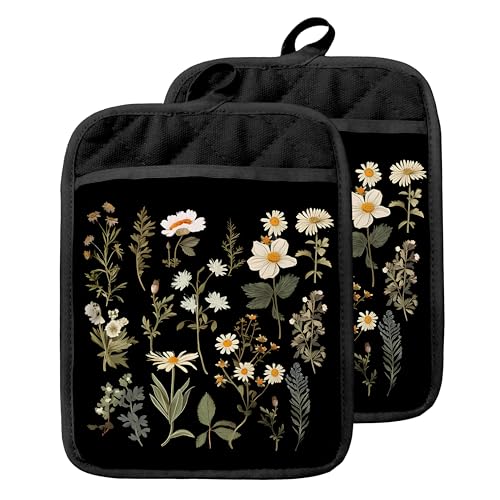 GOOZHO Dark Floral Botanical Pot Holders with Pockets, Cottage Core Kitchen Decor, Rustic Daisy Flower Plant Oven Pot Holders Heat Resistant Oven Mitts Hot Pads for Kitchen Baking Cooking
