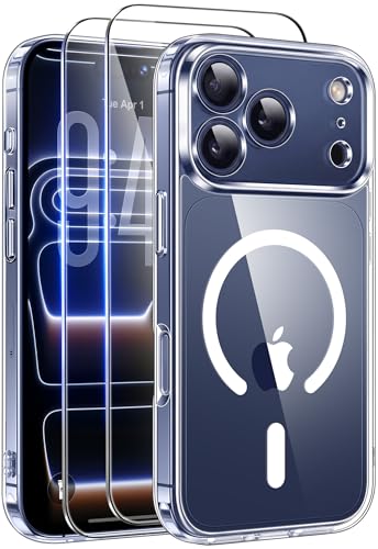 Qasyfanc Funda Magnética para iPhone 17 Pro Compatible con MagSafe con 2 Protector Pantalla, Protección De Cámara Protectora Anti Amarillo TPU Bumper Carcasa iPhone 17 Pro, Transparent