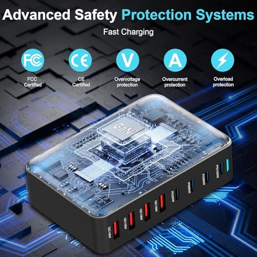 Image of TECHBLAZE 320 W GaN 3 Super Fast Charger Adapter, 8-Port (4 USB A+ 4 Type- C) with PD Technology, Universal for iPhone, Android, MacBook, Type-C Laptops, Compact Multi-Device Charging Solution.