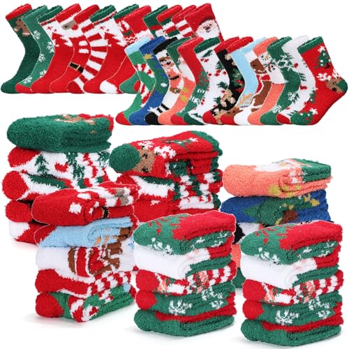 Toulite 72 Pairs Christmas Fuzzy Socks Women Novelty Colorful Patterns Cartoon Fluffy Christmas Socks for Xmas Winter Holiday Gifts Outdoor Indoor