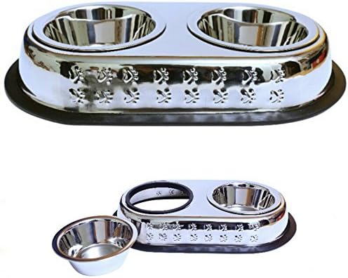 Mr. Peanut's Premium Double Dish Chrome Embossed Stainless Steel Pet Bowl Rust Proof with Non-Skid Natural Rubber Base Beautiful Design & Quality Materials 4 Cups (Dry Weight) Each Side