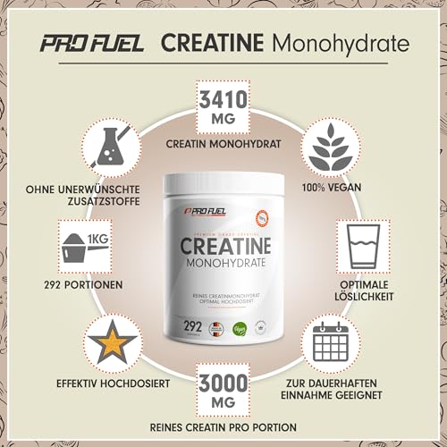Creatin Monohydrat Pulver 1kg / 1000g reines Kreatin Monohydrat in mikronisierter Qualität - Creatine-Monohydrate optimal hochdosiert mit 3000 mg Kreatin pro Portion - 100% vegan - Vorrat für 292 Tage
