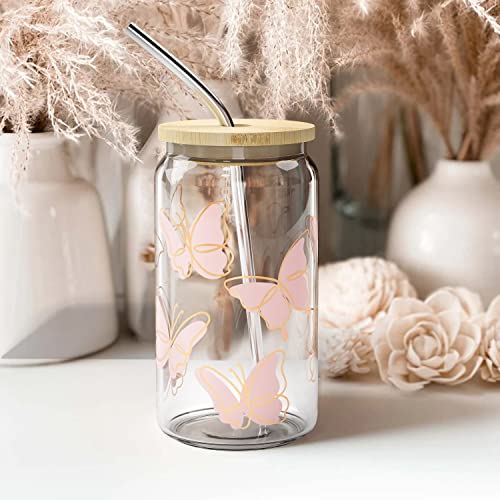 Iced Coffee Cup with Bamboo Lids and Straws | 16 oz Mason Jar Cups & Iced Coffee Tumbler with Lid and Straw | Glass Cups for Iced Coffee, Boba Cup | Beer Can Glass & Smoothie Cup - Butterfly - Image 4