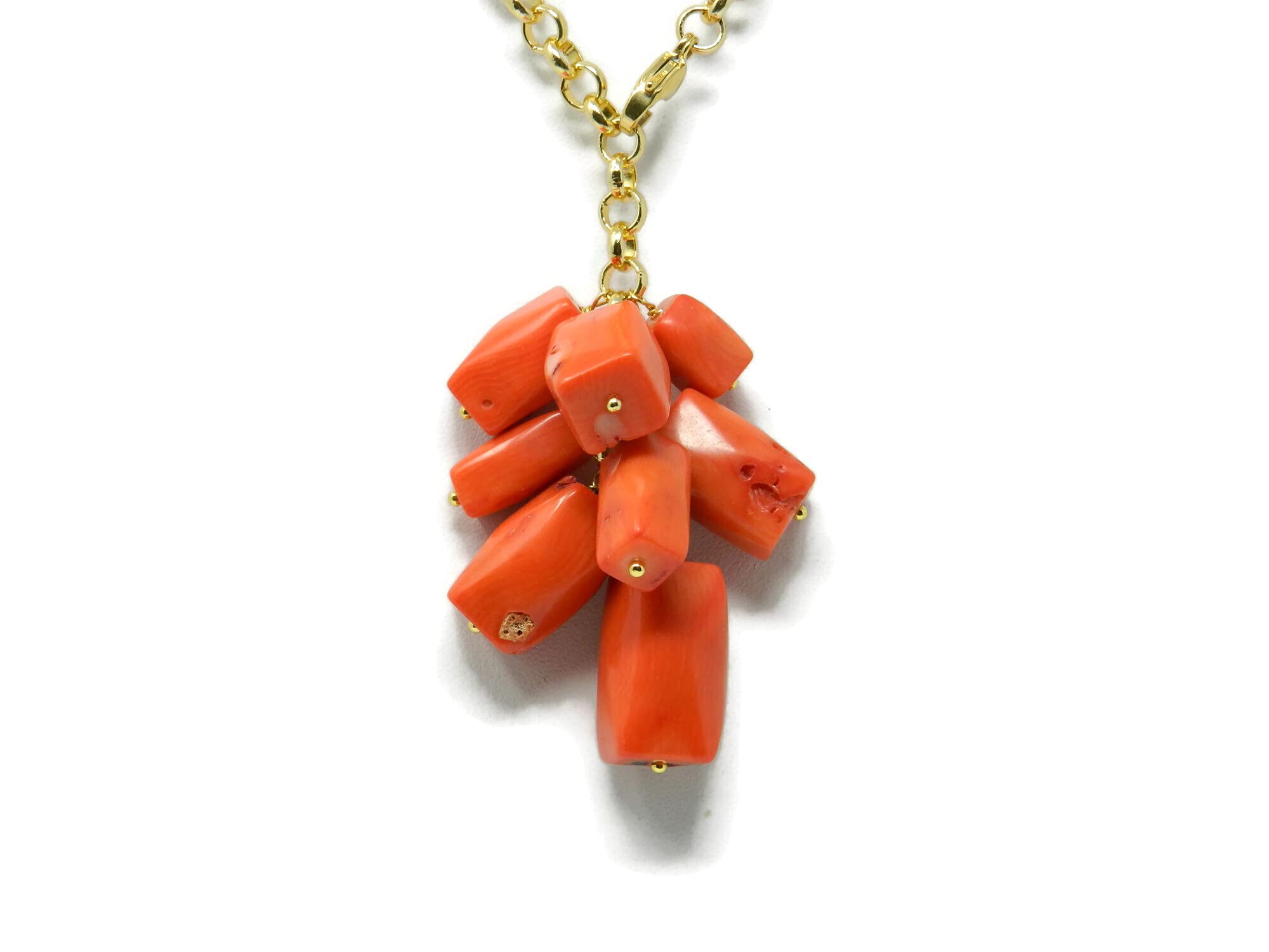 DodiGioielli Collana Artigianale Lunga con Grappolo di Corallo Bambù Arancione | Gioiello Made in Italy, Catena Dorata, Idea Regalo Elegante per Donna