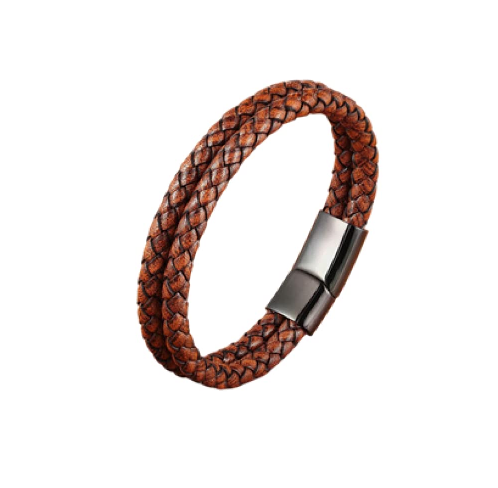 Bracelets For Men Simple Double-Strand Braided Leather Bracelet Stainless Steel Clasp Deep Yellow Leather Bracelet Charm Jewellery For Women Men Gift,21Cm