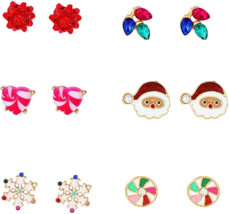 Christmas Stud Earrings Set for Women Santa Claus Snowflake Candy Bow CZ Tiny Small Cartilage Studs Cute Ornament Stocking Stuffers Hypoallergenic Party Jewelry Gifts for Daughter Bff New Year Festival