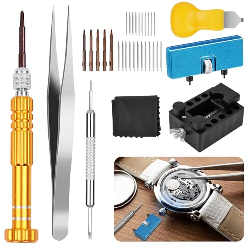 ⌚【Riceverai】Riceverai 1 apriscatole per orologi, 1 leva per l'apertura della cassa dell'orologio, 1 supporto per cassa dell'orologio, 1 impugnatura per cacciavite per orologi 5 in 1 e 5 punte per cacciavite, 1 strumento per barre a molla, 1 pinzetta, 20 barre a molla e 1 panno per la pulizia.