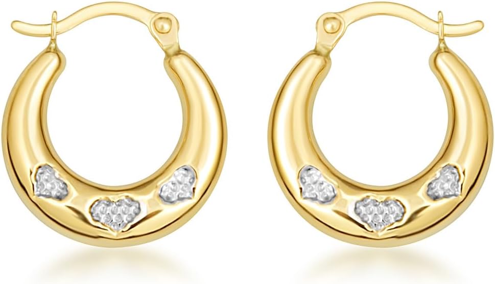 Gold Heart Huggie Hoop Earrings for Women | 10K or 14K Two-Tone White and Yellow Gold