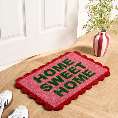 OHS Coir Front Door Mat Welcome Print, Stylish Scallop Edge Non-Slippery Heavy Duty Washable Door Mats Outdoor & Indoor Perfect for Dirt Trapping, Bright Pink - 40 x 60cm