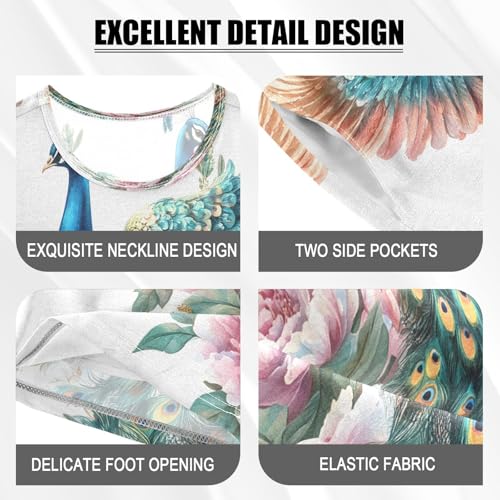 ALAZA Beautiful Flower Peacock Bird Pajamas Set Short Sleeve Cotton Sleepwear Summer Pjs 2 Piece 5-14Y4
