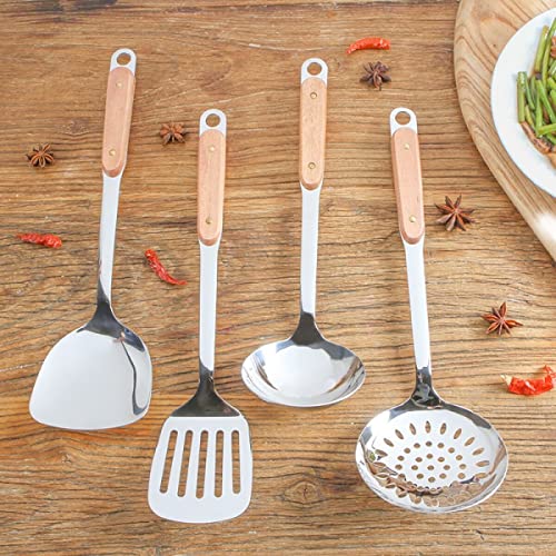 Image of 304 Stainless Steel Kitchen Utensil,Skimmer Slotted Spoon with Long Wood Handle,14.0 inches Skimmer Slotted Spoon