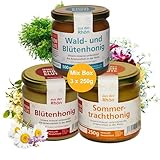 Roher Honig I Blütenhonig, Sommertrachthonig und Wald- & Blütenhonig – Set aus 3 x 250g Glas | Regional & Nachhaltig - direkt vom Imker natürliche Naturbelassener Honig