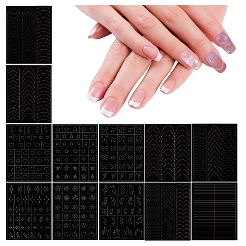 12 Feuilles Pochoirs en Vinyle Pour Nail Art, HOINCO Papillon Étoile Coeur Français Ongles Autocollants Modèle D'impression Pochoir Outil DIY for Women...