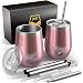 Carpe 12 oz Stemless Insulated Wine Glass Tumbler with Sliding Lid and Straw, Spill Proof Stainless Steel Double-Wall Wine Tumbler Cups for Champaign, Cocktail, Coffee, Drinks, Set of 2 (Rose Gold)