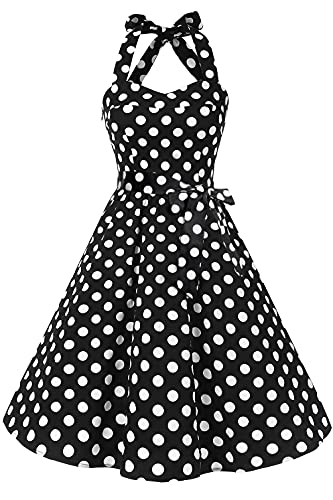 Topdress Women's Vintage Polka Audrey Dress 1950s Halter Retro Cocktail Dress Black Dot M