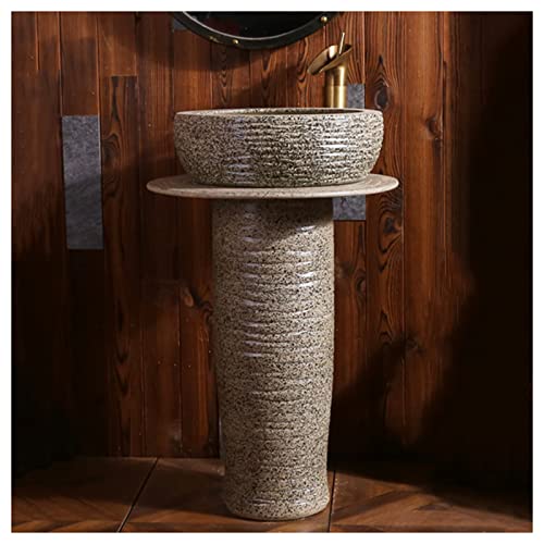 GLJTUO Pedestal Sink Handcrafted Ceramic wash Basin Pedestal washbasin, Kaolin Clay Pedestal Sink Round Freestanding Sink for Indoor and Outdoor (N With mirror)