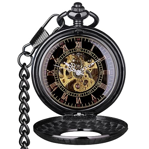 فيجوروسو ساعة جيب ميكانيكية للرجال بتصميم عتيق ستيمبنك من الخشب المحبب مع سلسلة وصندوق للرجال - لون اسود