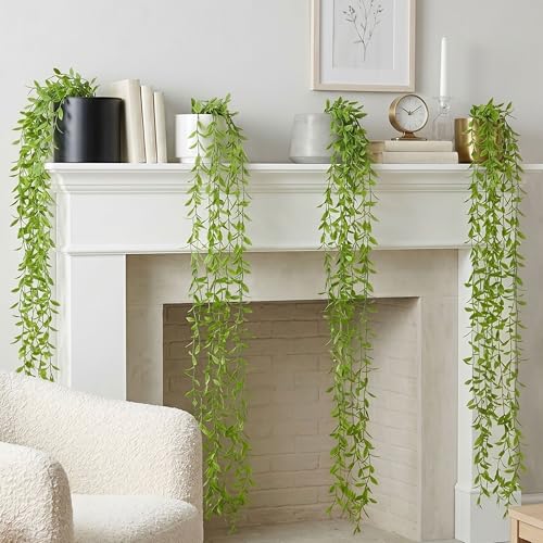 Image of Dekorly 2 Pack Artificial Plants Artificial Hanging Plants Faux Eucalyptus Leaf Greenery Fake Hanging Eucalyptus Plant (Green) (2, Cherry) (2, Rainflow Light Green Vines)
