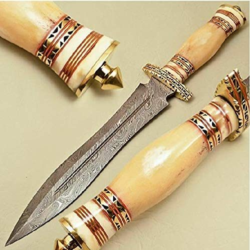 Damascus Steel Dagger Knife - Handmade Knife with Beautiful Camel Bone Handle - Fixed Blade Hunting Knife - Camping Survival Knife - Damascus Dagger Knife with Brass Spacer