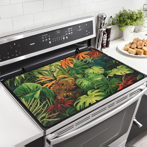 Image of Tropical Leaf Top Cover for Electric Stove, 30 x 21 Inch Stove Top Protector, Wear Resistant Ceramic Glass Electric Stove Top Cover, Anti-Slip Insulation Pad for Glass Stove Top Protector