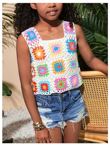 GORGLITTER Girl's Floral Pattern Crochet Top Sleeveless Square Neck Knitted Tank Tops3
