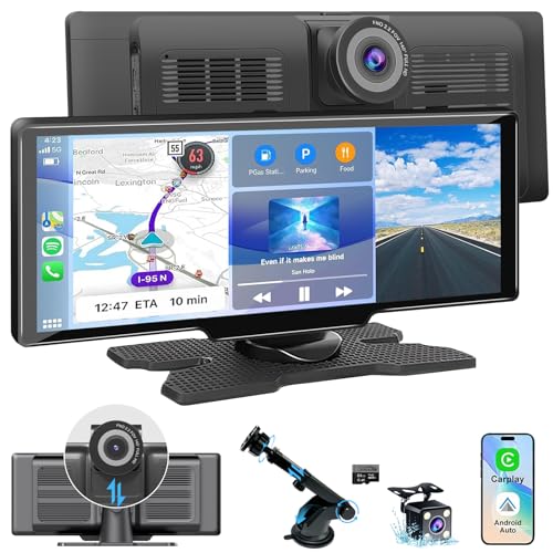 Apple Carplay Screen for Car, 10.26’’ Wireless CarPlay & Android Auto Screen with 4K Dash Cam, 1080P Backup Camera, Car Play Audio Receivers, GPS Navigation/Mirror Link/Bluetooth/FM/Voice Control