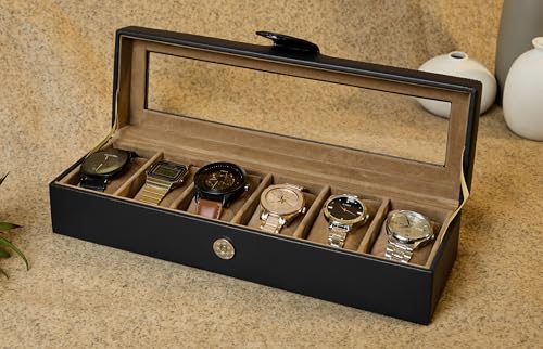 Image of Leather World Leatherette Watch Box Case Layer Lock 6 Slots Watches Storage Organizer Boxes Case Men Women- Black