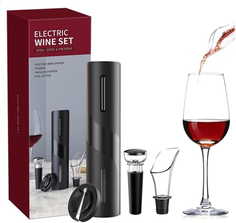 Kit Abridor de Vinho Elétrico 4 Peças Com Saca Rolha Automático Bico Dosador, Cortador de Lacre, Rolha a Vácuo, Ideal Para Presentes e Comemorações