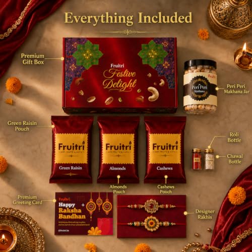 Image of Fruitri Premium Rakhi Gift Hamper for Brother with Almonds, Cashews, Green Raisins 100g each & Peri Peri Makhana, 2 Rakhis, Roli Chawal & Greeting Card