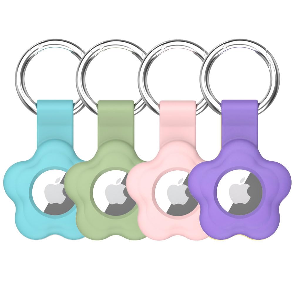 Alsukeay 4 Pack Holder Case for AirTag Tracker with Keychain Flower Silicone Protective Cover with Loop Key Ring for Kids Pets Wallet Backpacks