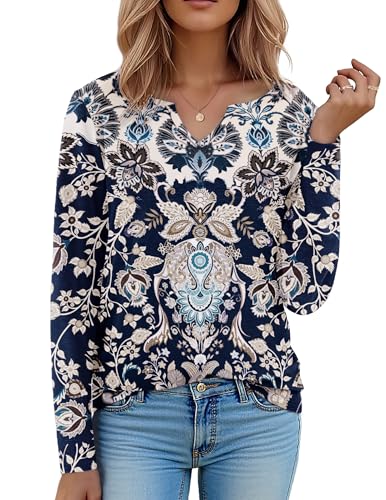 Image of Zeagoo Long Sleeve Shirts for Women Fall Tops Casual Dressy V Neck Blouses Boho Tunic Western Clothes Vacation Outfits