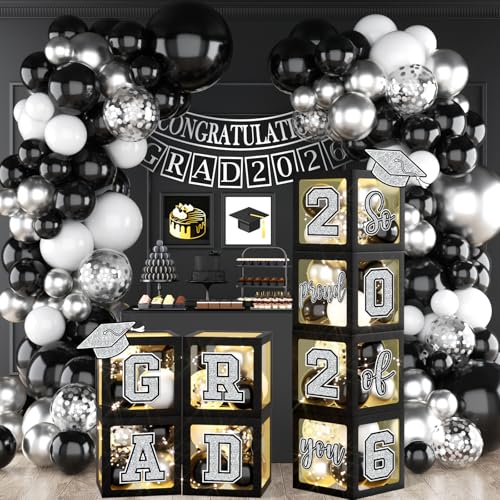 Graduation Decorations Class of 2026 Black and Silver Graduation Decorations 2026 Grad Boxes with Letters 2026 So Proud of You & Grad 2026 for College Graduation Party Supplies
