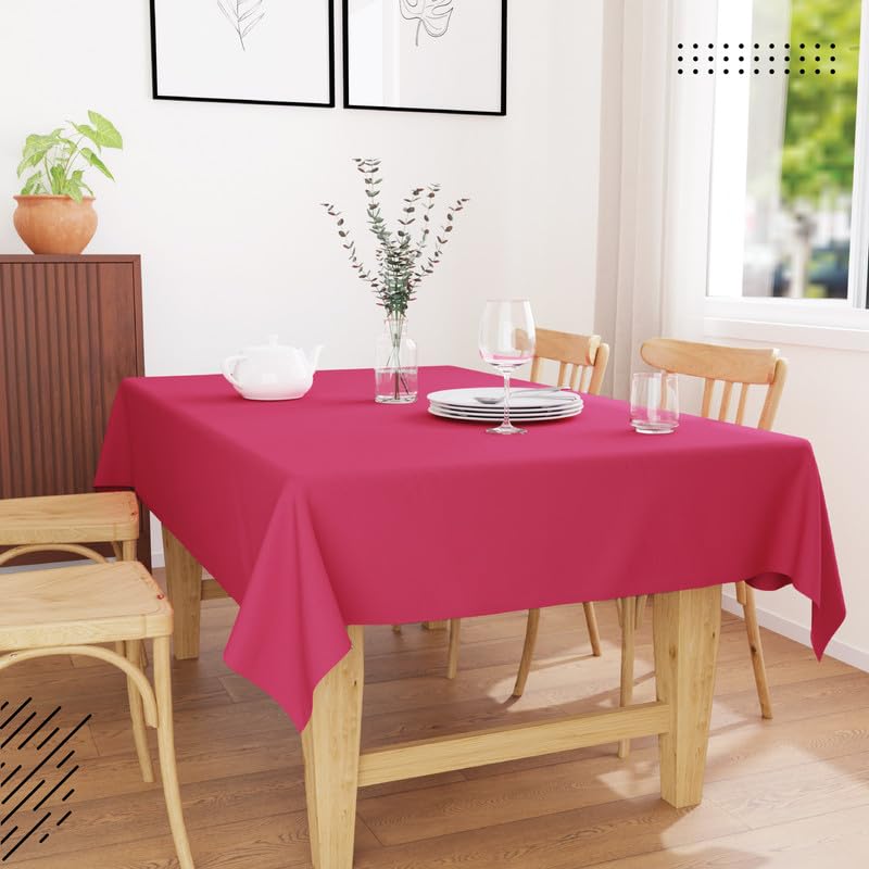 Image of Encasa XO Dining Table Cover Cloth for 4 to 6 Seater | 140x180 cm Cotton Canvas Rectangular Table Cloth | Machine Washable Tablecloth for Indoor & Outdoor Use - Hot Pink Solid Color