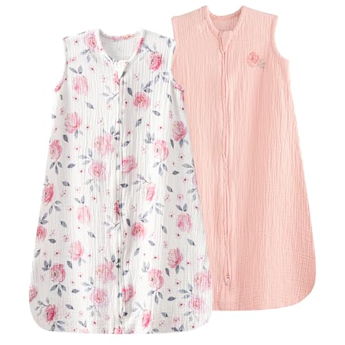 PHF Soft Muslin Cotton Baby Sleep Sack 6-12 Months 2 Pack 100% Cotton Sleeping Sack for Summer 0.5 TOG Baby Wearable Blankets with 2-Way Zipper Sleep Sacks for Girls Newborn Pink Floral
