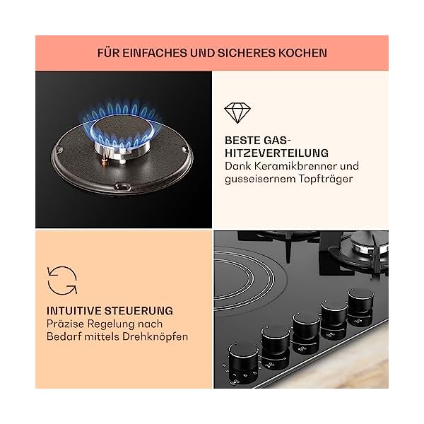Klarstein Gaskocher 4-Flammig und 1 Glaskeramik Kochfeld, 9,2 kW Einbau-Gaskocher für Innenbereich, Edelstahl-Gaskocher für Wohnmobil, 4-Flammiger Gaskocher, Moderner Einbau Gasherd, Gas Herd – Bild 5