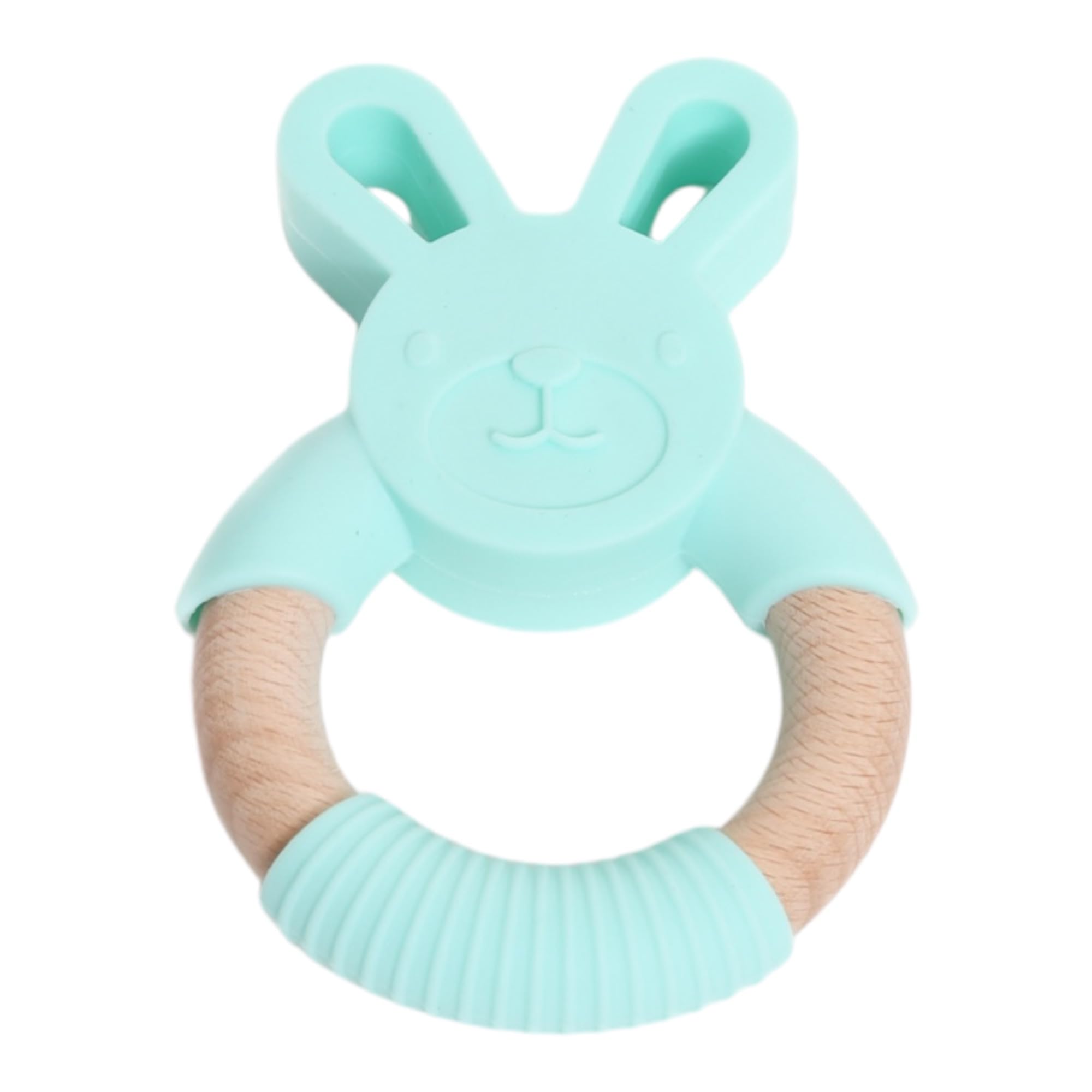 Personalised Silicone Bunny Teether, Teething Toy for Baby, Easy to Grip, Organic Beechwood, Food Grade Silicone, BPA Free, 4 Months Old+, 12 Colours Available, Babies First Easter Gift. (Turquoise)