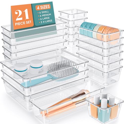 Image of WOWBOX 21pcs Set Drawer Organizer Set, Multi Sizes Desk Drawer Divider Organizers and Storage Bins for Makeup, Jewelry, Gadgets for Kitchen, Bedroom, Bathroom, Office [ 21 pcs Set ]